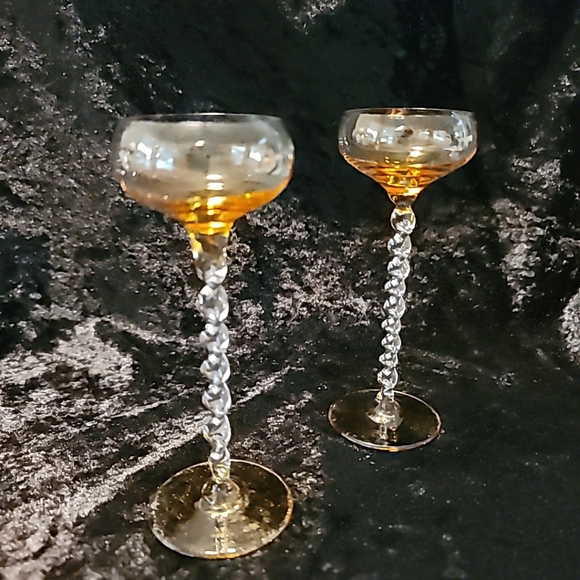 Vtg Amber Blown Glass Cordial Cocktail Glasses (2) Twisted Stem 5.5" tall - Picture 14 of 14